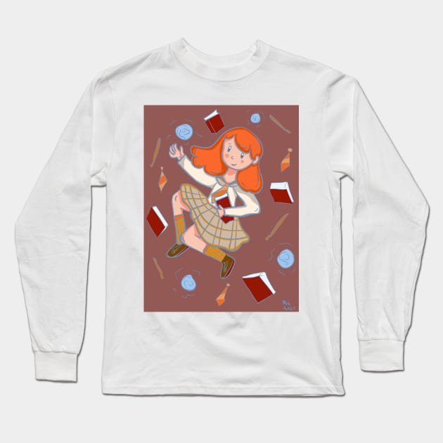 Redhead witch with books and magic wand Long Sleeve T-Shirt by Thedisc0panda